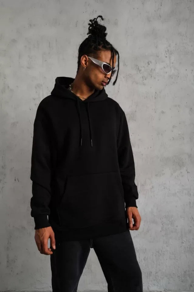 Erkek Düz Kapüşonlu Sweat - Siyah (92679)