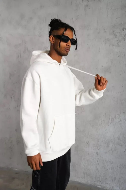 Erkek Düz Kapüşonlu Sweat - Beyaz (92680)