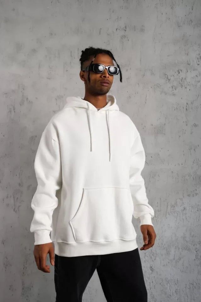 Erkek Düz Kapüşonlu Sweat - Beyaz (92680)