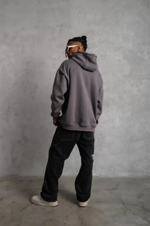 Erkek Düz Kapüşonlu Sweat - Gri (92682)