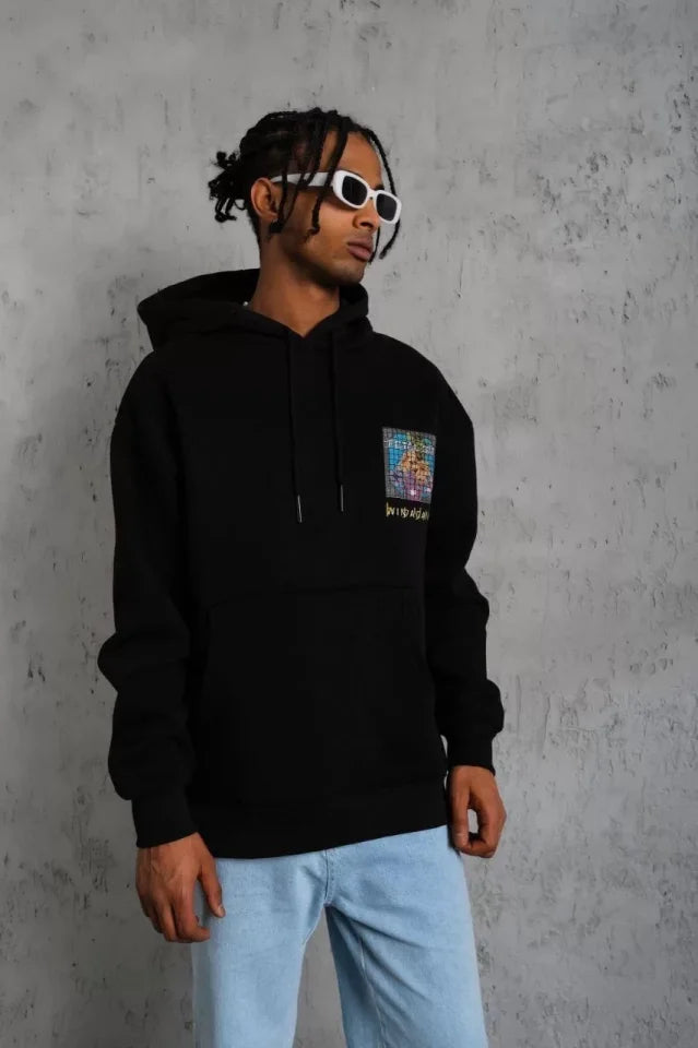 Erkek Patel Six Baskılı Kapüşonlu Sweat - Siyah (92689)