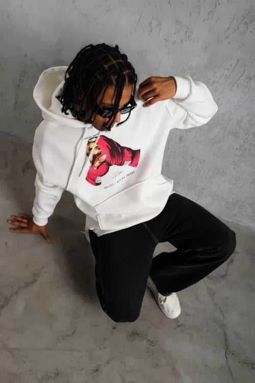 Erkek Eldiven Baskılı Kapüşonlu Sweat - Beyaz (92704)