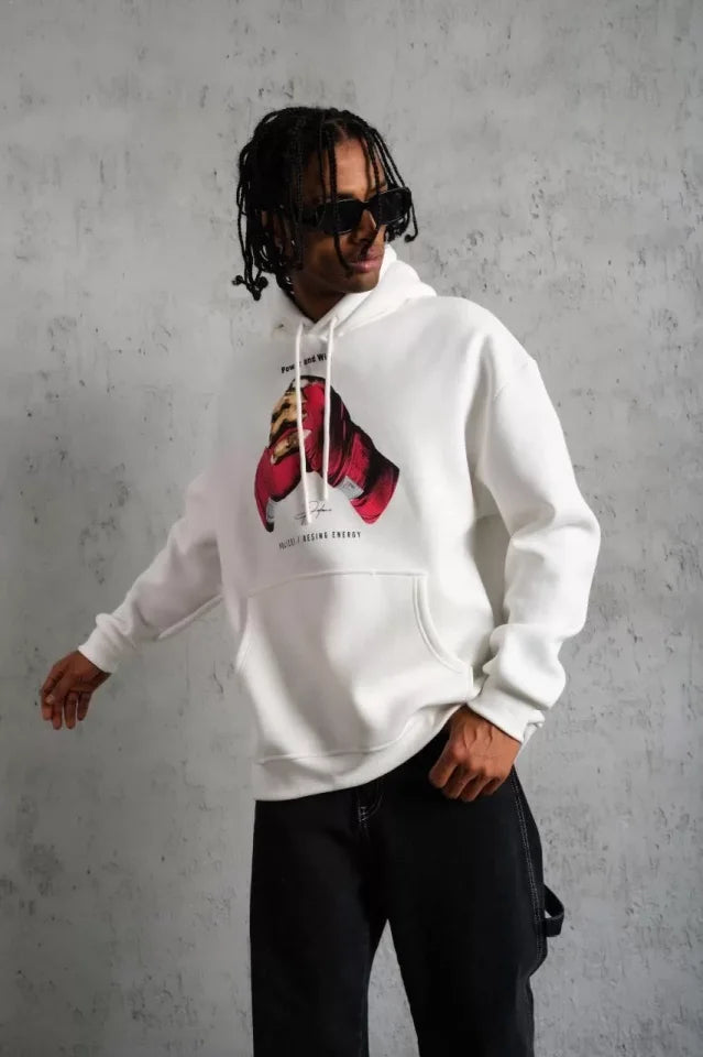 Erkek Eldiven Baskılı Kapüşonlu Sweat - Beyaz (92704)