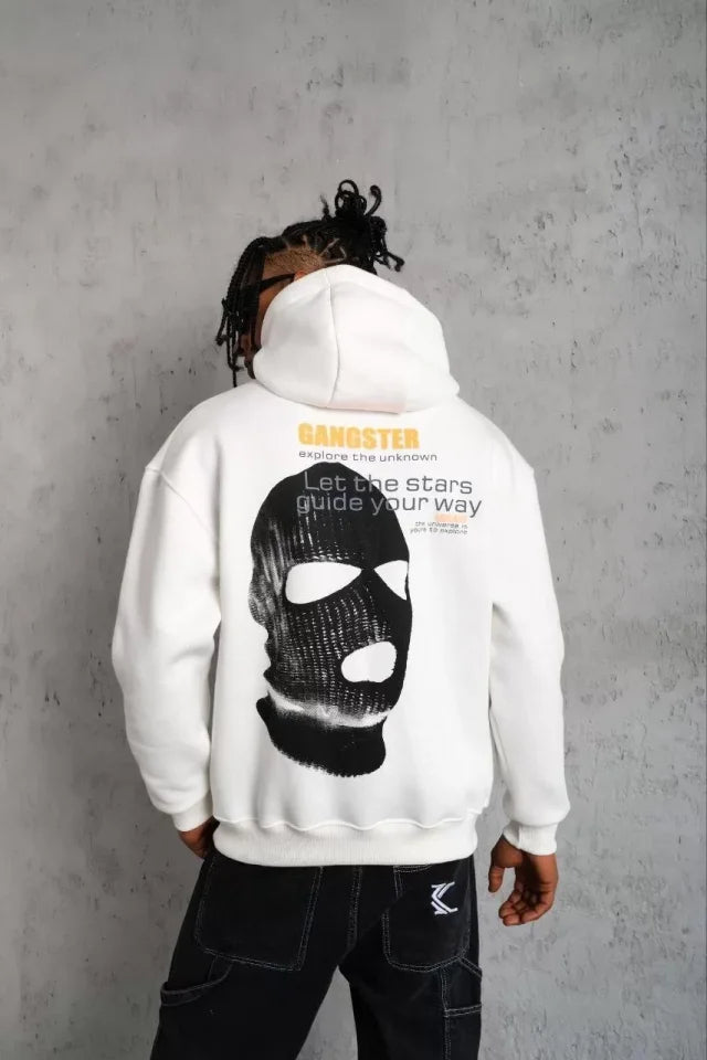 Erkek Kordonlu Maske Baskılı Kapüşonlu Sweat - Beyaz (92715)