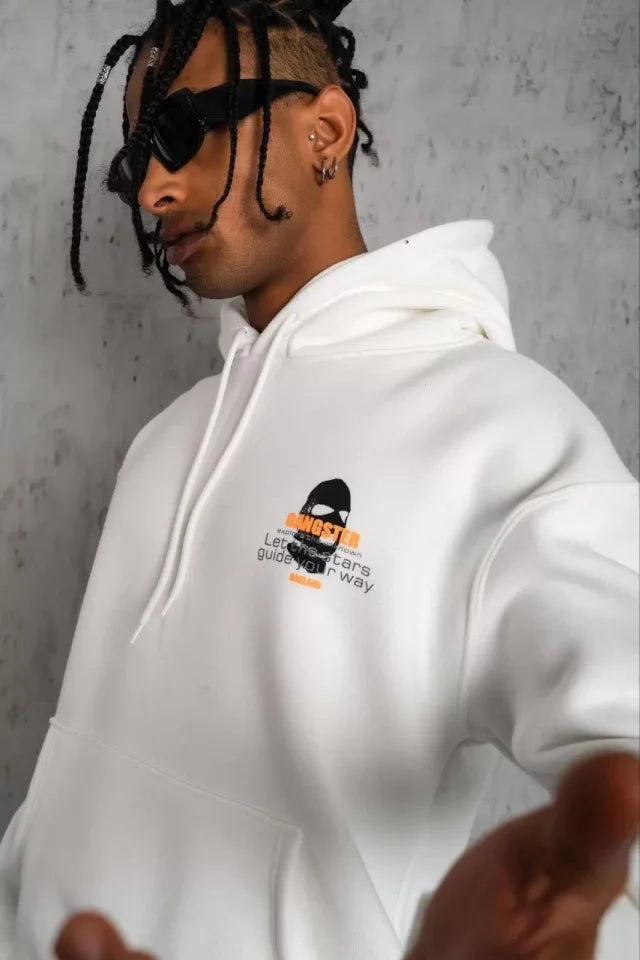 Erkek Kordonlu Maske Baskılı Kapüşonlu Sweat - Beyaz (92715)