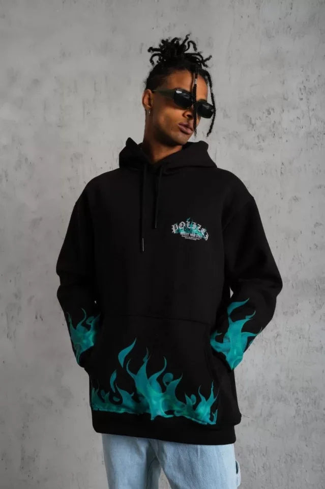 Erkek Üç İplik İçi Pamuklu Alev Baskılı Kapüşonlu Sweatshirt - Siyah (92757)