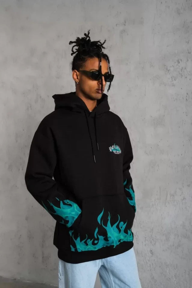Erkek Üç İplik İçi Pamuklu Alev Baskılı Kapüşonlu Sweatshirt - Siyah (92757)