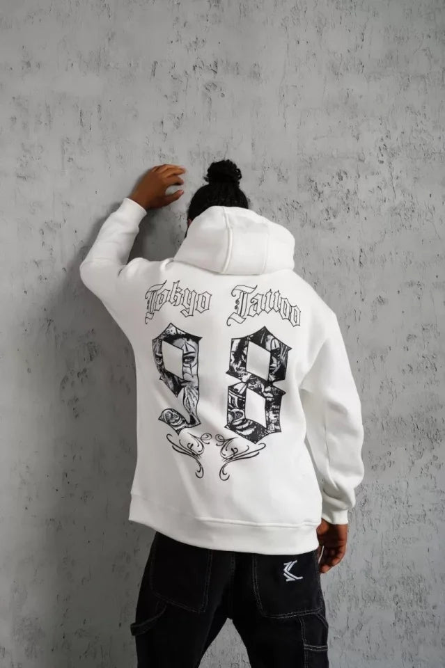 Erkek 98 Baskılı Kapşonlu Sweat - Beyaz (92765)