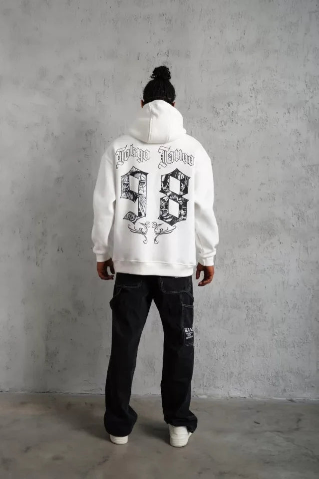 Erkek 98 Baskılı Kapşonlu Sweat - Beyaz (92765)