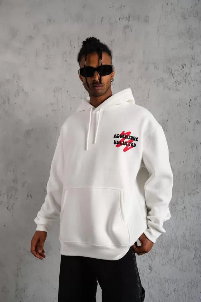 Erkek Şapkalı Güvercin Baskılı Kapşonlu Sweat - Beyaz (92769)