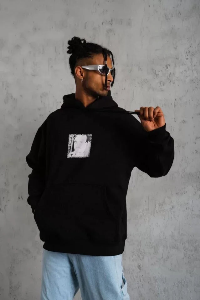Erkek Ön Arka Baskılı Kapşonlu Sweat - Siyah (92780)