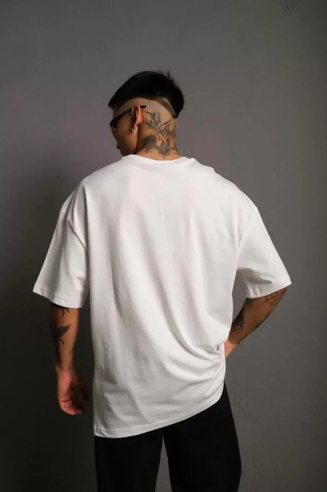 Erkek 24/1 Düz A Kalite Oversize T-shirt - Beyaz (92803)