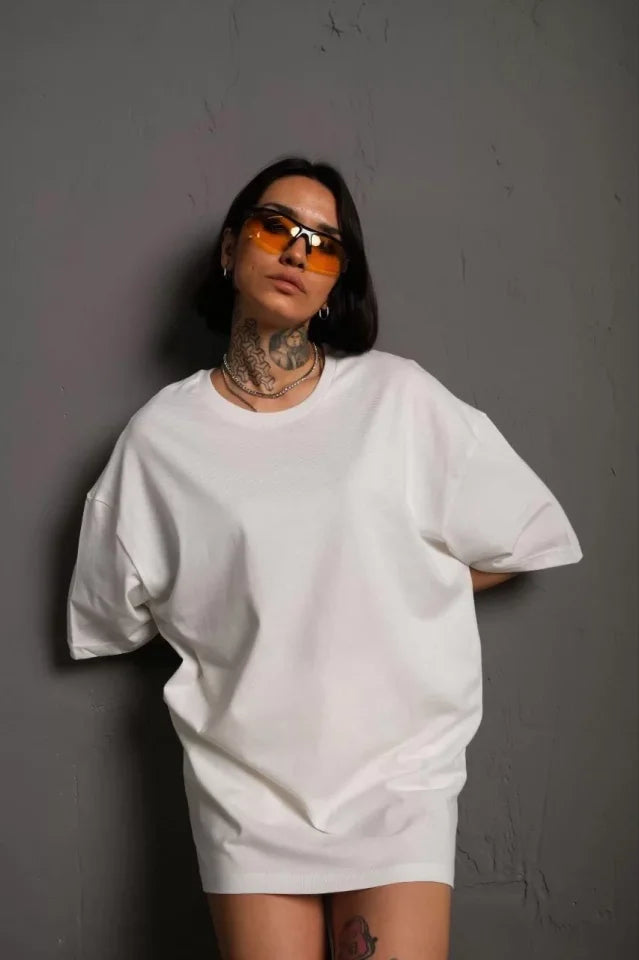 24/1 Düz A Kalite Oversize T-shirt - Beyaz (92805)