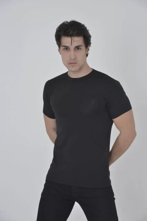 Erkek File Cepli Slim Fit T-shirt - Siyah (92821)