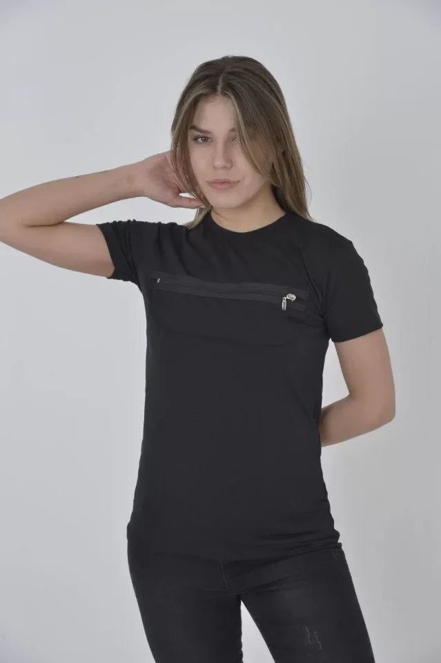 Göğüste Fermuar Aksesuarlı Dar Kalıp T-Shirt - Siyah (92822)