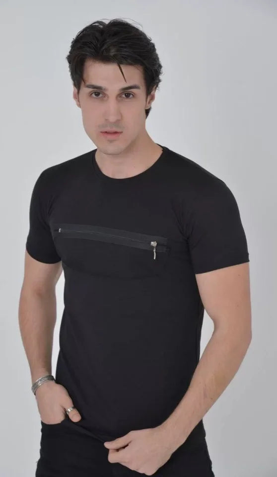 Erkek Göğüste Fermuar Aksesuarlı Dar Kalıp T-Shirt - Siyah (92823)