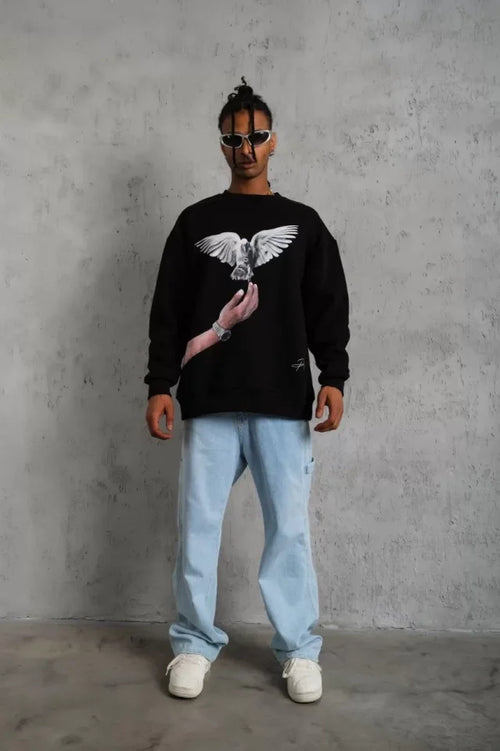 Erkek Güvercin Baskılı Sweatshirt - Siyah (92827)