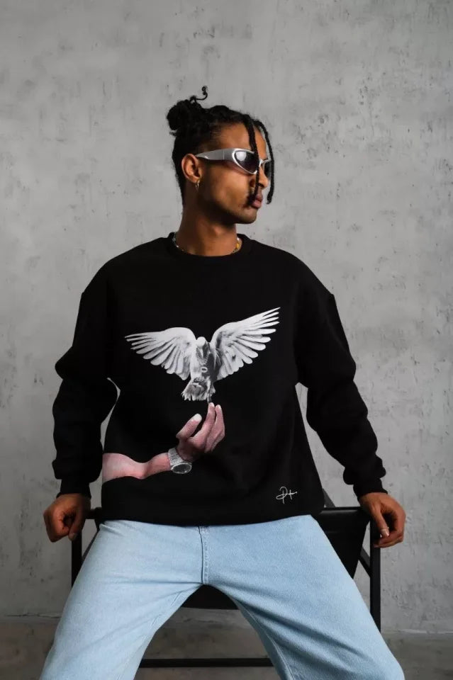 Erkek Güvercin Baskılı Sweatshirt - Siyah (92827)