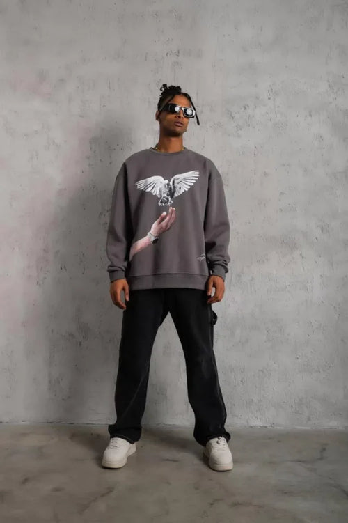 Erkek Güvercin Baskılı Sweatshirt - Gri (92830)