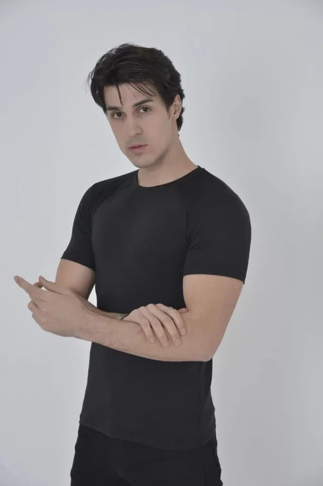 Erkek Omuz Fileli Slim Fit T-shirt - Siyah (92836)