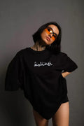 Bisiklet Yakalı Sırt Baskılı Oversize T-Shirt - Siyah (92842)