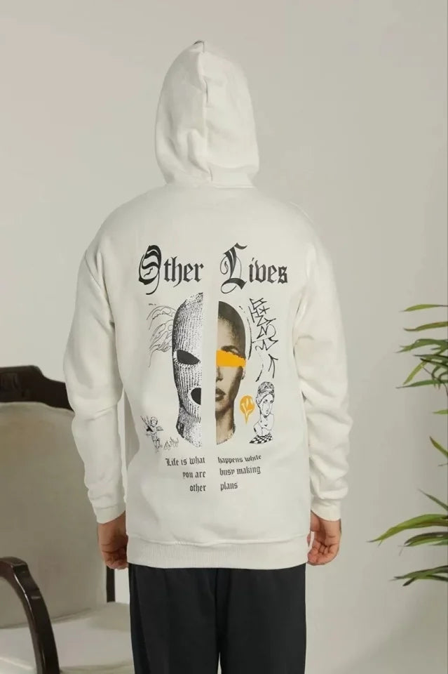 Erkek Sırt Baskılı Oversize Üç İplik Kapüşonlu Sweatshirt - Beyaz (92846)