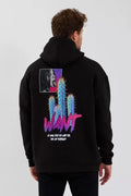 Erkek Baskılı Üç İplik Kapüşonlu Oversize Sweatshirt - Siyah (92848)