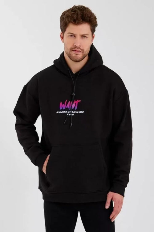 Erkek Baskılı Üç İplik Kapüşonlu Oversize Sweatshirt - Siyah (92848)