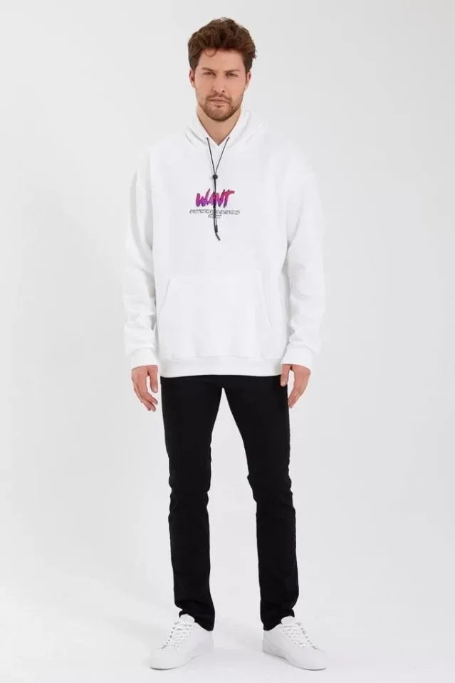 Erkek Baskılı Üç İplik Kapüşonlu Oversize Sweatshirt - Beyaz (92849)
