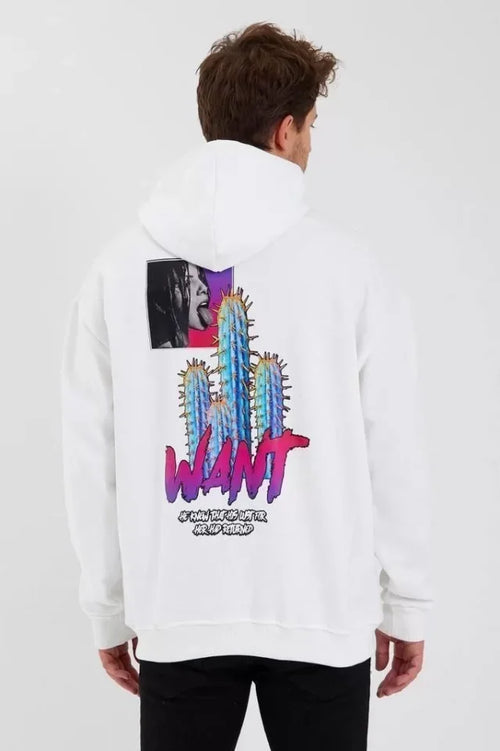 Erkek Baskılı Üç İplik Kapüşonlu Oversize Sweatshirt - Beyaz (92849)