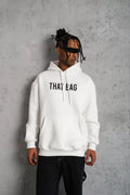 Erkek Kanguru Cep Baskılı Kapüşonlu Sweatshirt - Beyaz (92995)