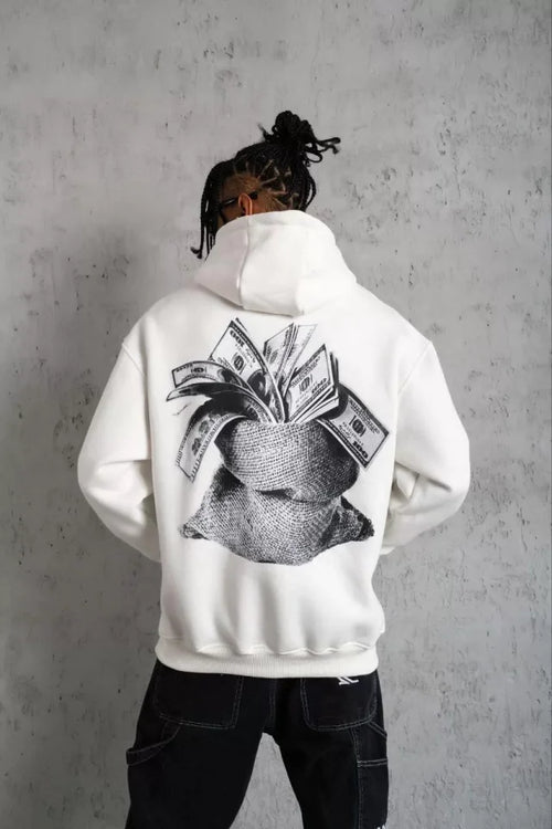 Erkek Kanguru Cep Baskılı Kapüşonlu Sweatshirt - Beyaz (92995)