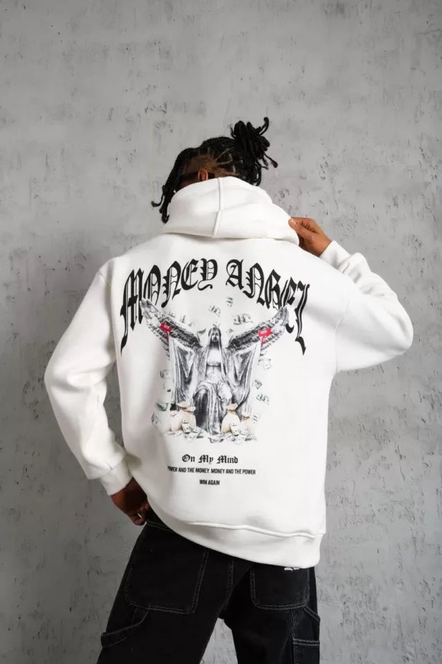 Erkek Kordon İpli Baskılı Kapüşonlu Sweatshirt - Beyaz (93002)