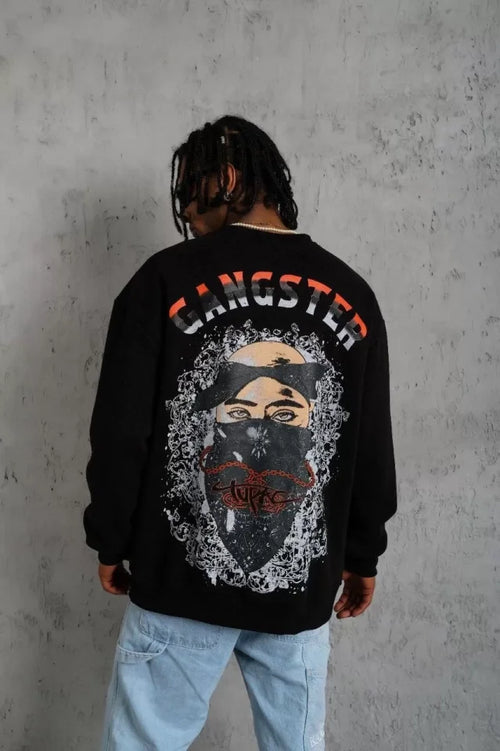 Erkek 3 İplik Gangster Baskılı Sweatshirt - Siyah (93007)