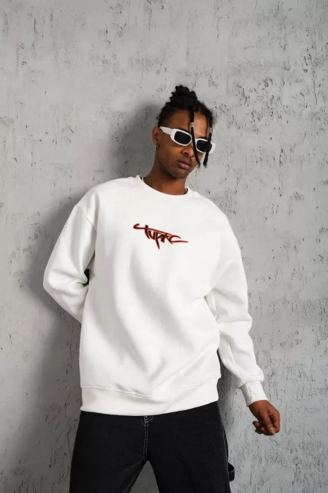Erkek 3 İplik Gangster Baskılı Sweatshirt - Beyaz (93008)