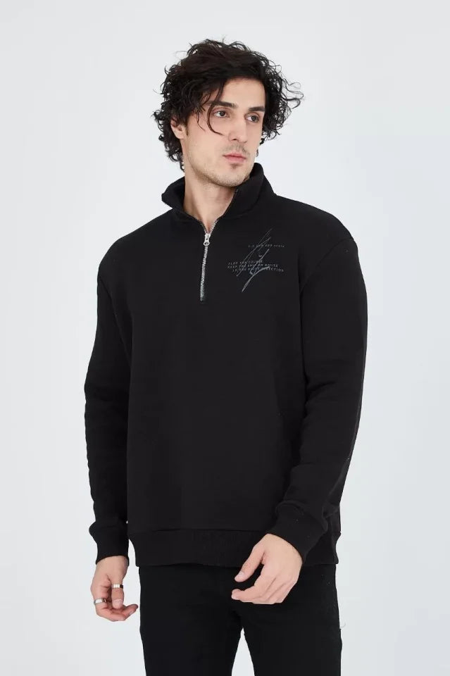 Erkek Yarım Fermuarlı Baskılı Sweat - Siyah (93123)