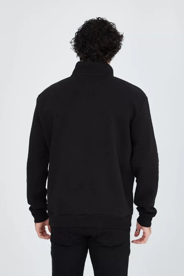 Erkek Yarım Fermuarlı Baskılı Sweat - Siyah (93123)