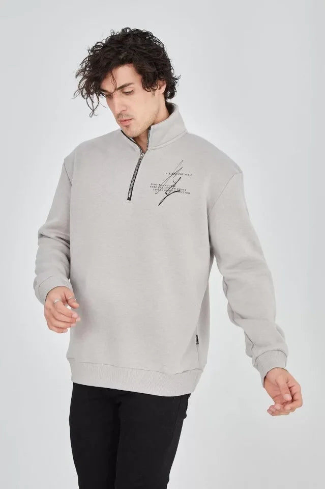 Erkek Yarım Fermuarlı Baskılı Sweat - Boyalı Gri (93124)