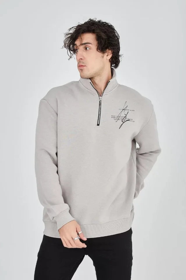 Erkek Yarım Fermuarlı Baskılı Sweat - Boyalı Gri (93124)