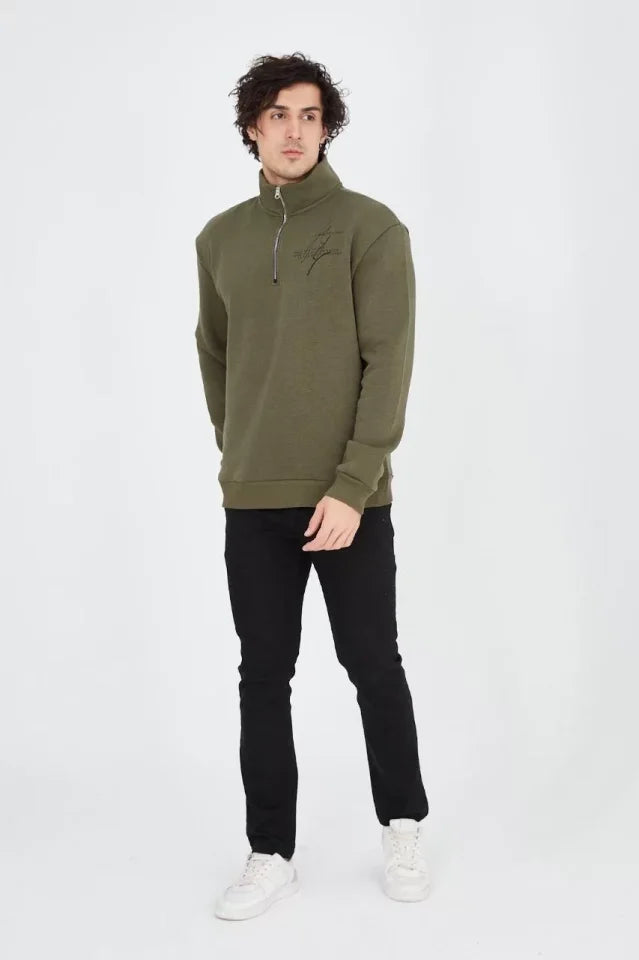 Erkek Yarım Fermuarlı Baskılı Sweat - Yeşil (93125)