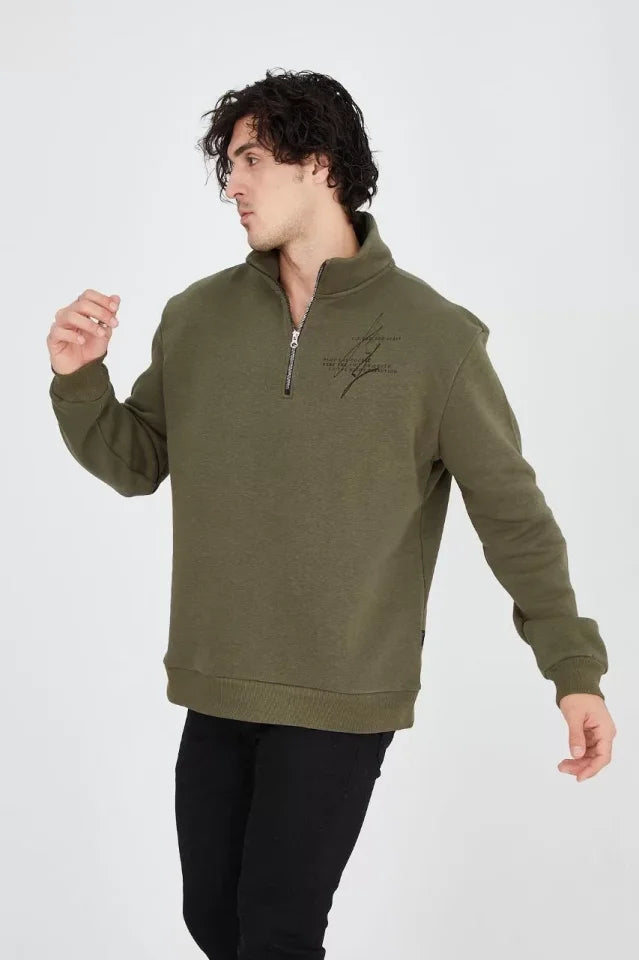 Erkek Yarım Fermuarlı Baskılı Sweat - Yeşil (93125)