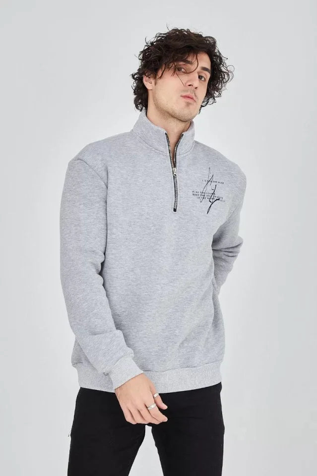 Erkek Yarım Fermuarlı Baskılı Sweat - Gri (93126)