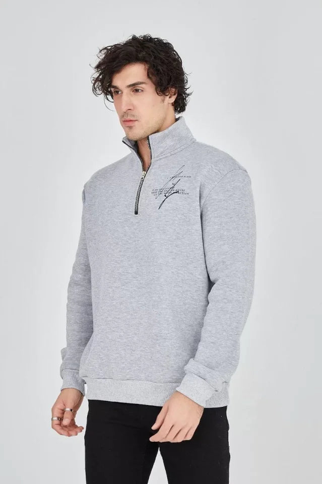 Erkek Yarım Fermuarlı Baskılı Sweat - Gri (93126)