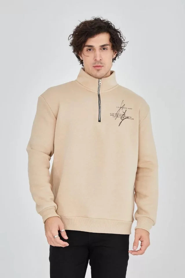Erkek Yarım Fermuarlı Baskılı Sweat - Bej (93128)
