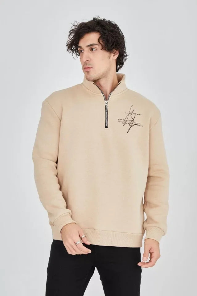 Erkek Yarım Fermuarlı Baskılı Sweat - Bej (93128)