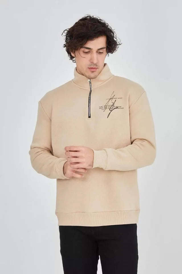 Erkek Yarım Fermuarlı Baskılı Sweat - Bej (93128)