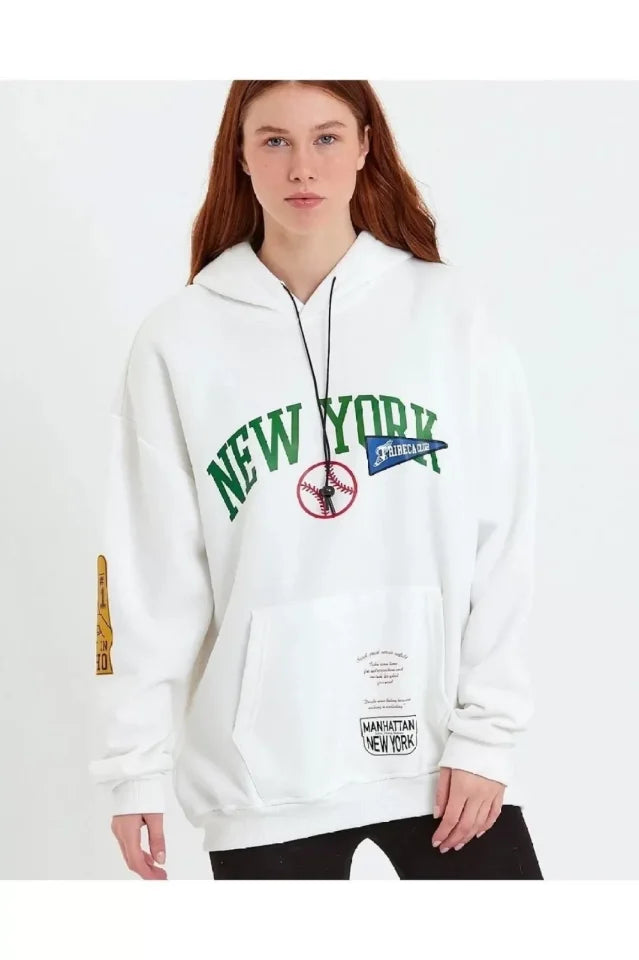 Baskılı Kapüşonlu Sweatshirt - Beyaz (93135)