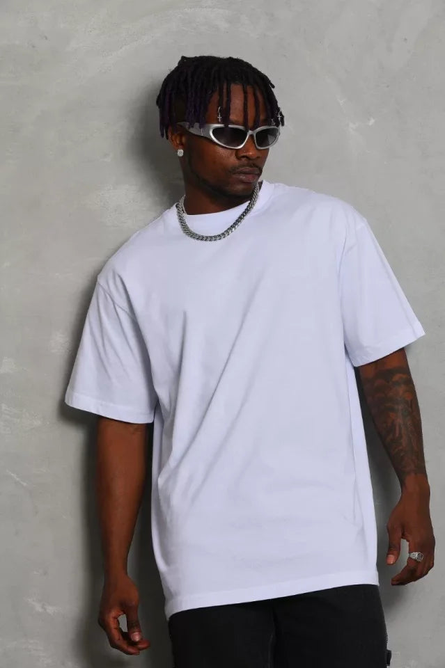 Unisex Oversize Düz Bisiklet Yaka T-Shirt - Beyaz (93178)