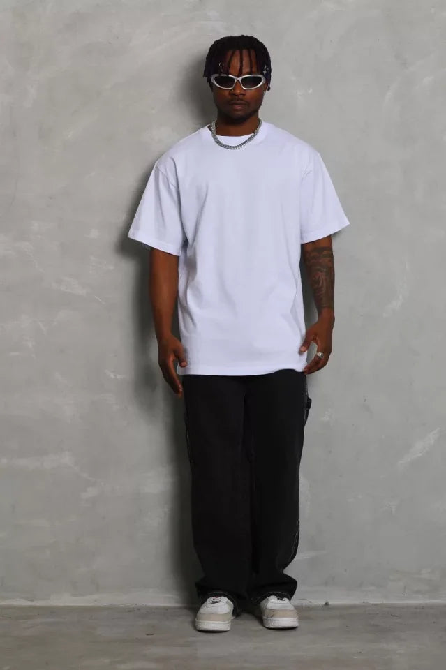 Unisex Oversize Düz Bisiklet Yaka T-Shirt - Beyaz (93178)