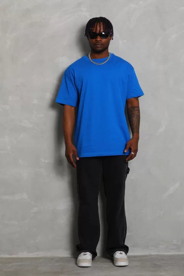 Unisex Oversize Düz Bisiklet Yaka T-Shirt - Mavi (93179)